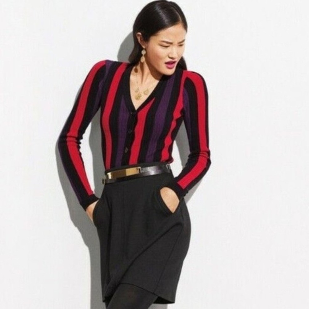 Cabi Royal Cardigan Size M Red Purple Black Stripe V-Neck Sweater Dark Academia